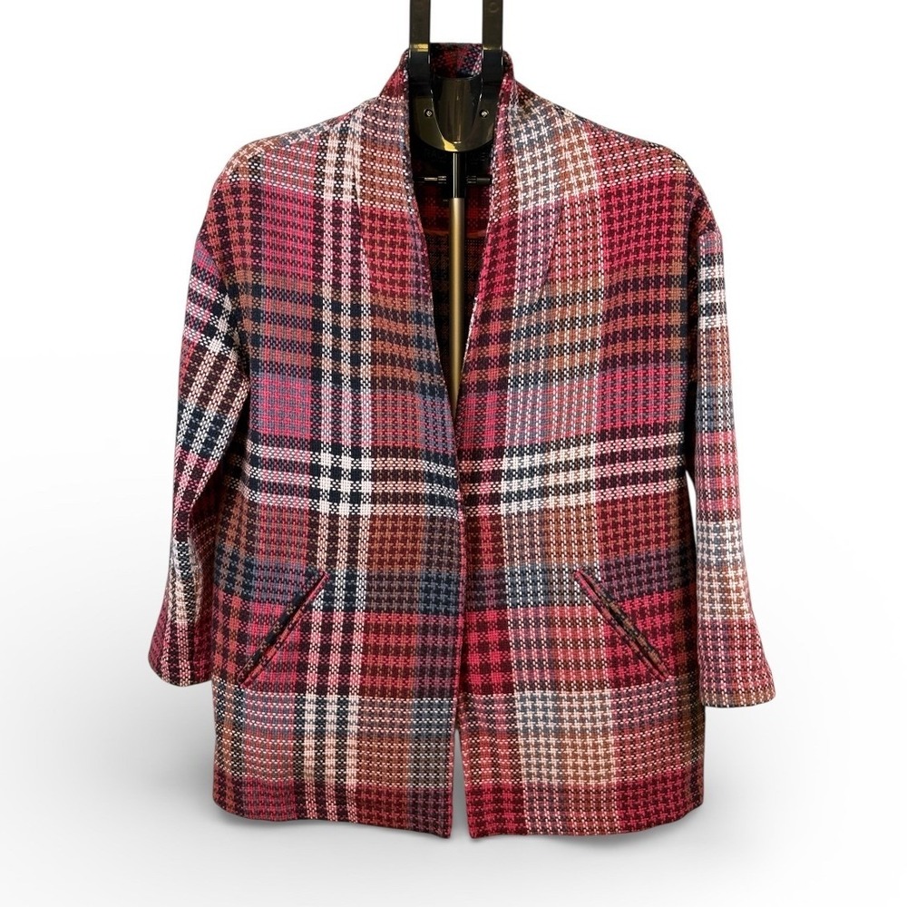 Rachel‎ Zoe Pink Orange Plaid Wool Blend Shawl Collar Cardigan Jacket Small